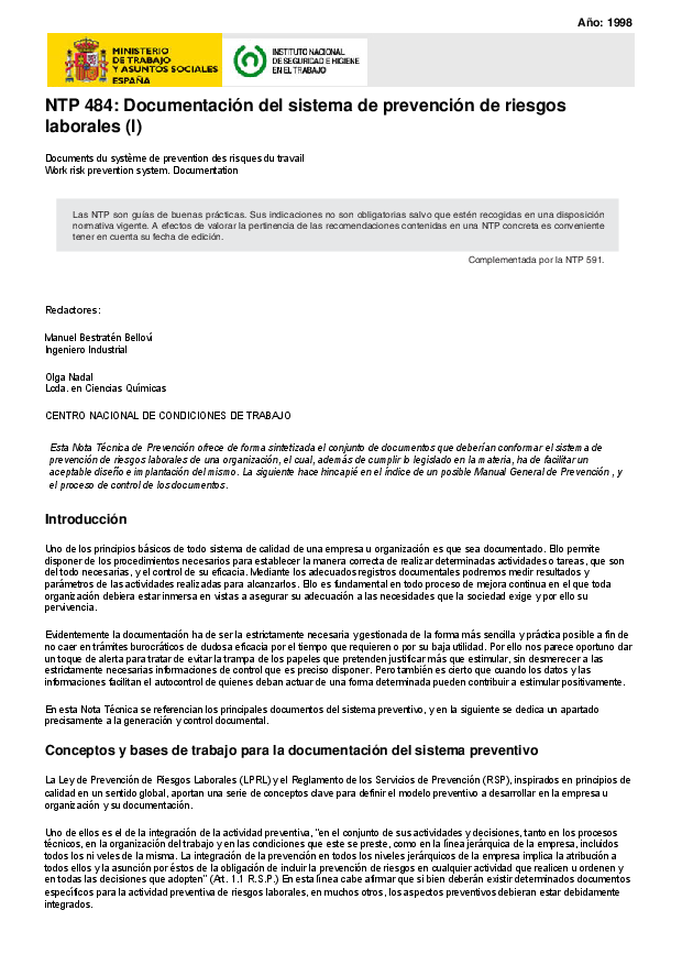 Primera página del documento NTP 484: Documentación del sistema de prevención de riesgos laborales (I)