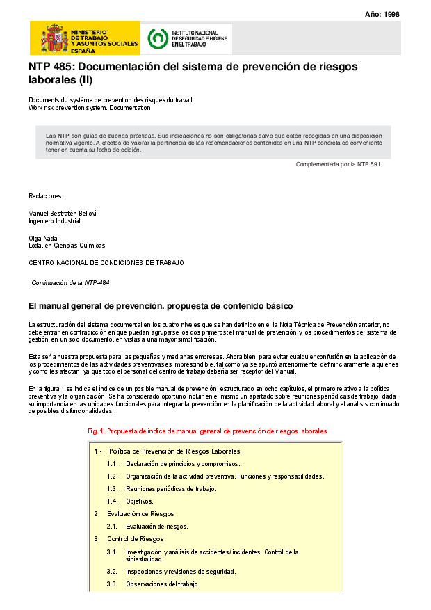 Primera página del documento NTP 485: Documentación del sistema de prevención de riesgos laborales (II)