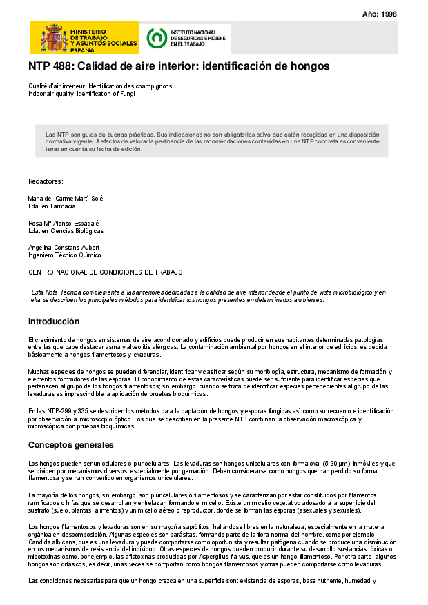 Primera página del documento NTP 488: Calidad de aire interior: identificación de hongos
