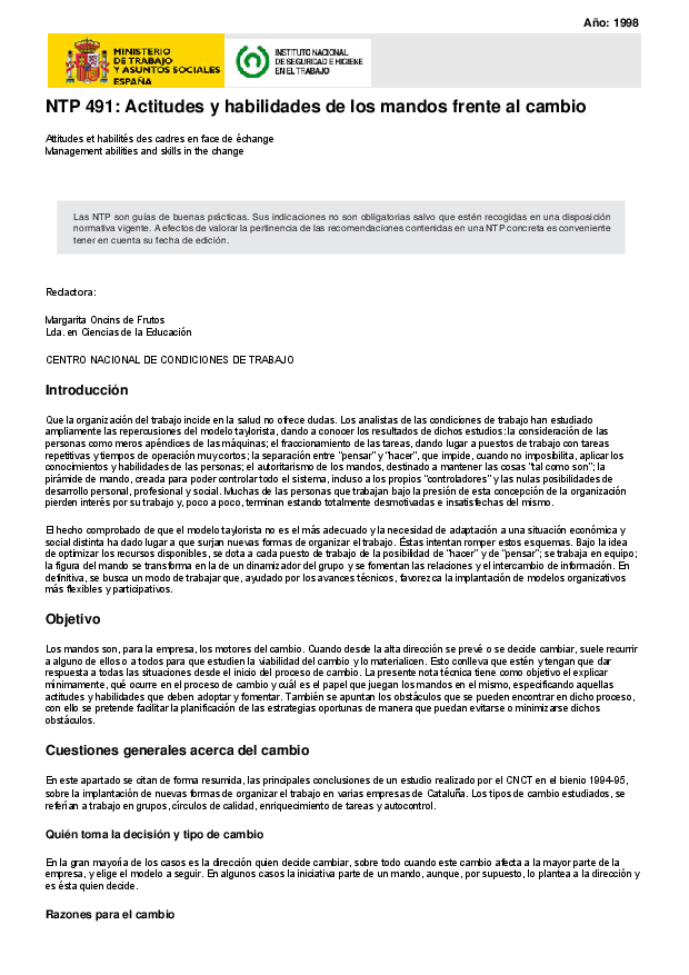 Primera página del documento NTP 491: Actitudes y habilidades de los mandos frente al cambio