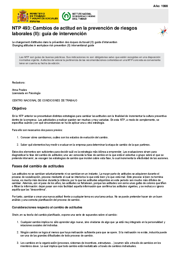 Primera página del documento NTP 493: Cambios de actitud en la prevención de riesgos laborales (II): guía de intervención