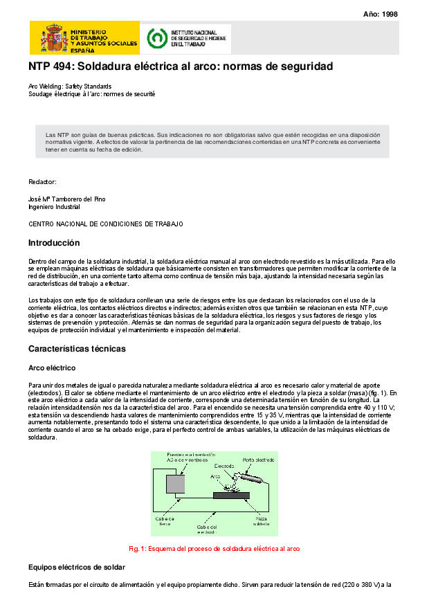 Primera página del documento NTP 494: Soldadura eléctrica al arco: normas de seguridad