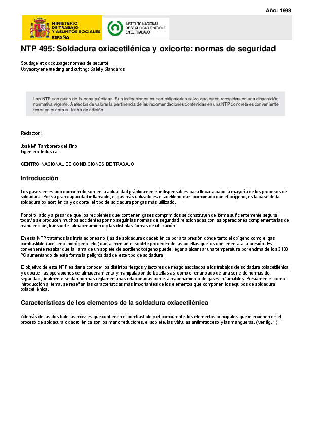 Primera página del documento NTP 495: Soldadura oxiacetilénica y oxicorte: normas de seguridad
