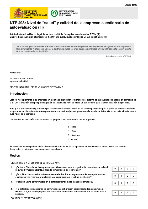Primera página del documento NTP 498: Nivel de "salud" y calidad de la empresa: cuestionario de autoevaluación (III)