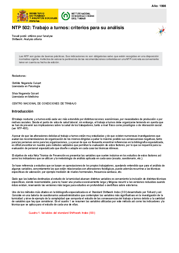 Primera página del documento NTP 502: Trabajo a turnos: criterios para su análisis