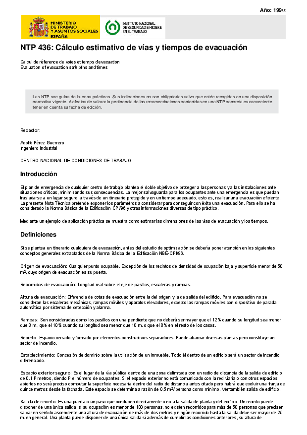 Primera página del documento NTP 436: Cálculo estimativo de vías y tiempos de evacuación