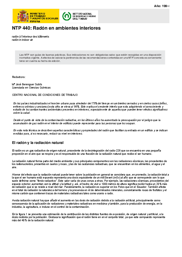 Primera página del documento NTP 440: Radón en ambientes interiores