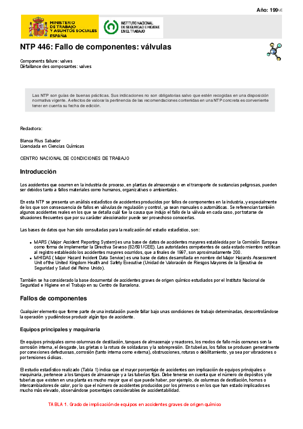 Primera página del documento NTP 446: Fallo de componentes: válvulas