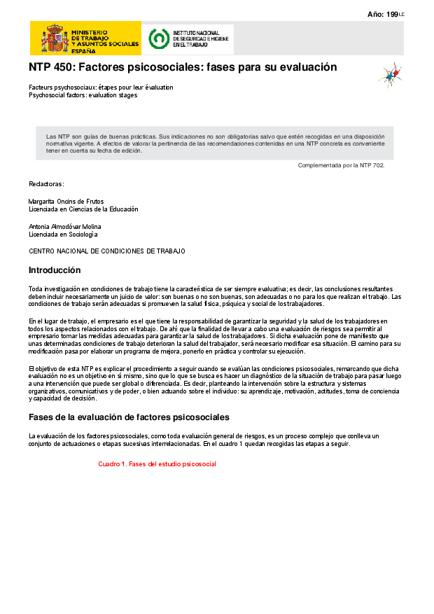 Primera página del documento NTP 450: Factores psicosociales: fases para su evaluación
