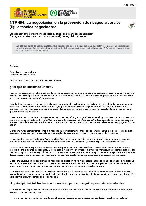 Primera página del documento NTP 454: La negociación en la prevención de riesgos laborales (II): la técnica negociadora