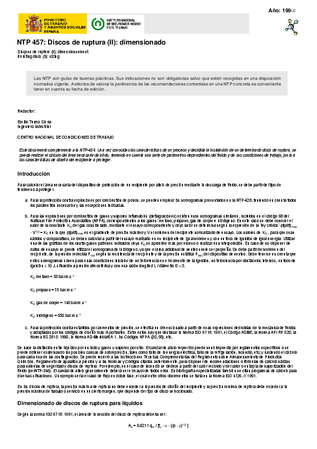 Primera página del documento NTP 457: Discos de ruptura (II): dimensionado