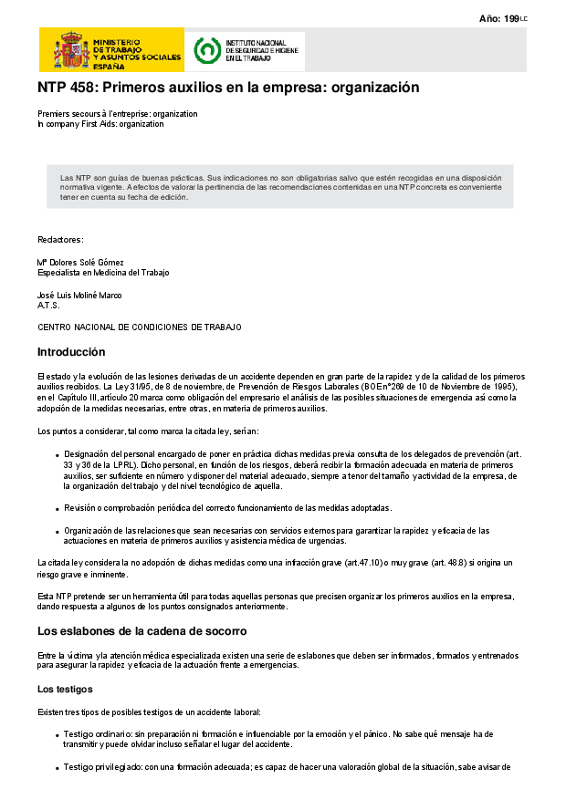 Primera página del documento NTP 458: Primeros auxilios en la empresa: organización