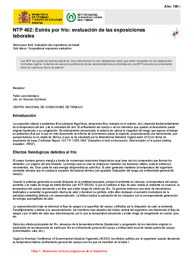 Primera página del documento NTP 462: Estrés por frío: evaluación de las exposiciones laborales