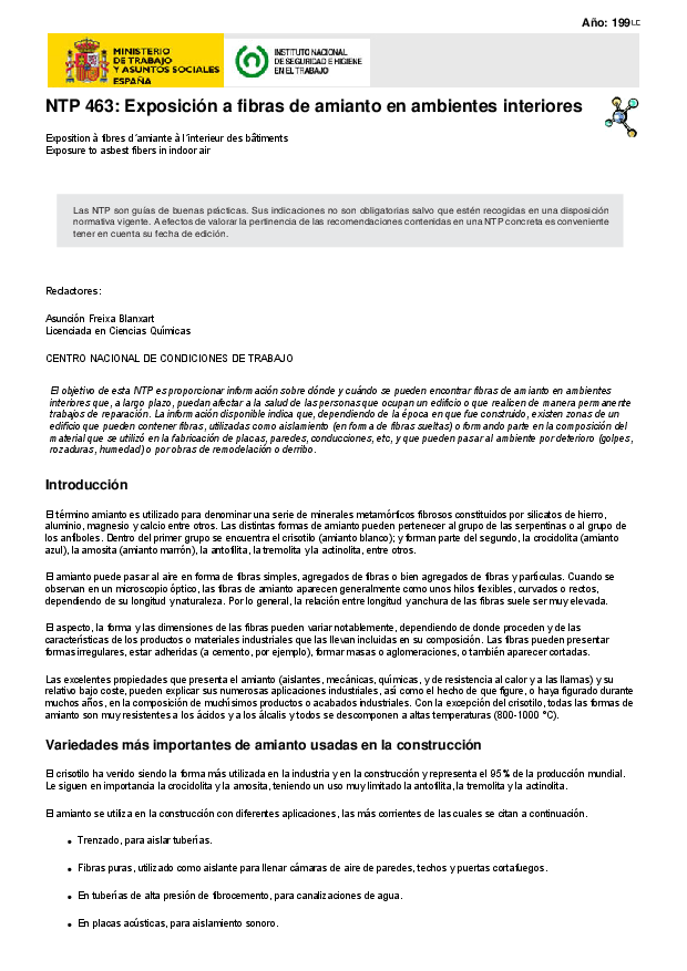 Primera página del documento NTP 463: Exposición a fibras de amianto en ambientes interiores