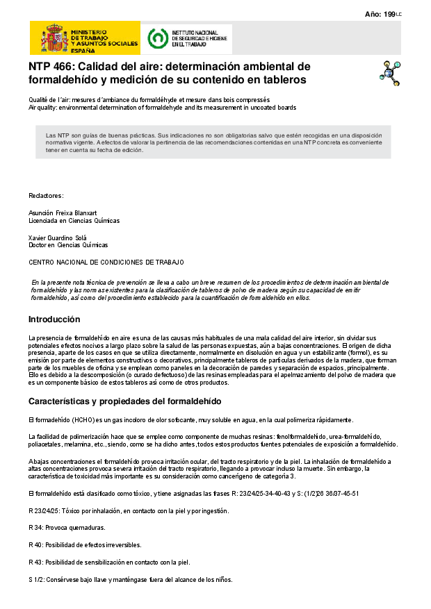 Primera página del documento NTP 466: Calidad del aire: determinación ambiental de formaldehído y medición de su contenido en tableros