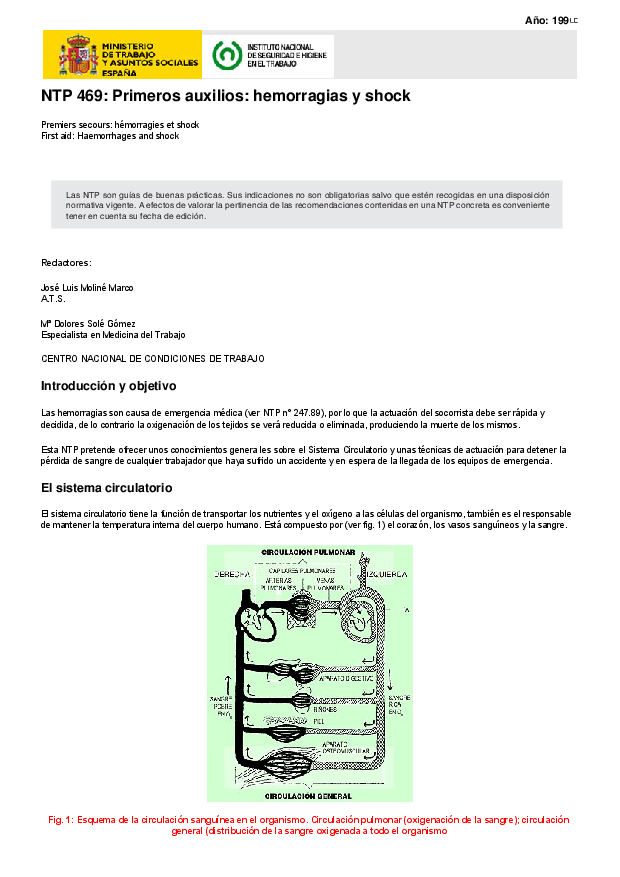 Primera página del documento NTP 469: Primeros auxilios: hemorragias y shock