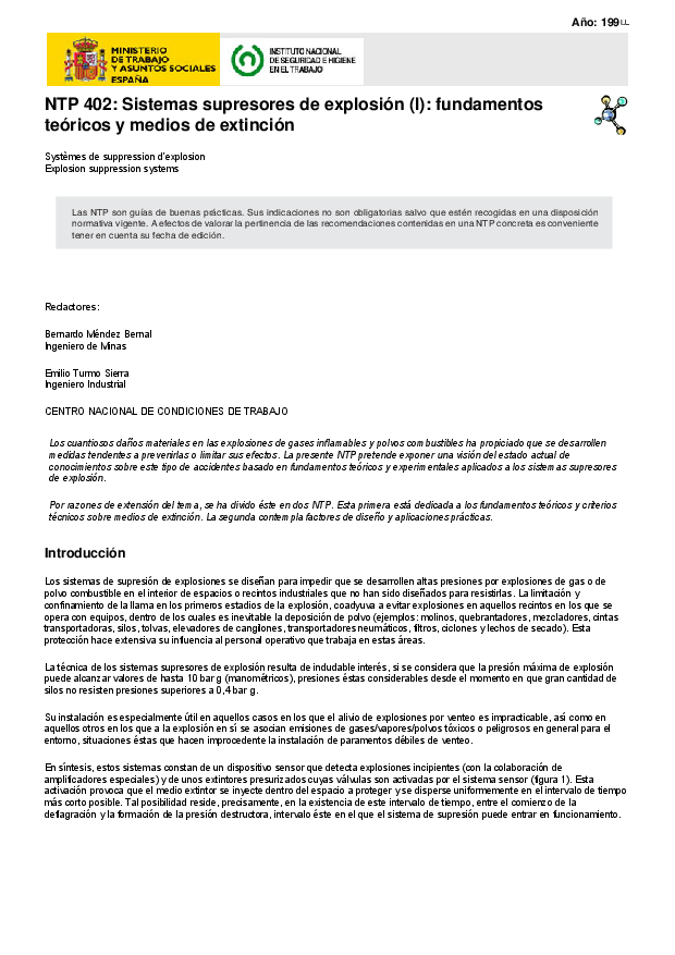 Primera página del documento NTP 402: Sistemas supresores de explosión (I): fundamentos teóricos y medios de extinción