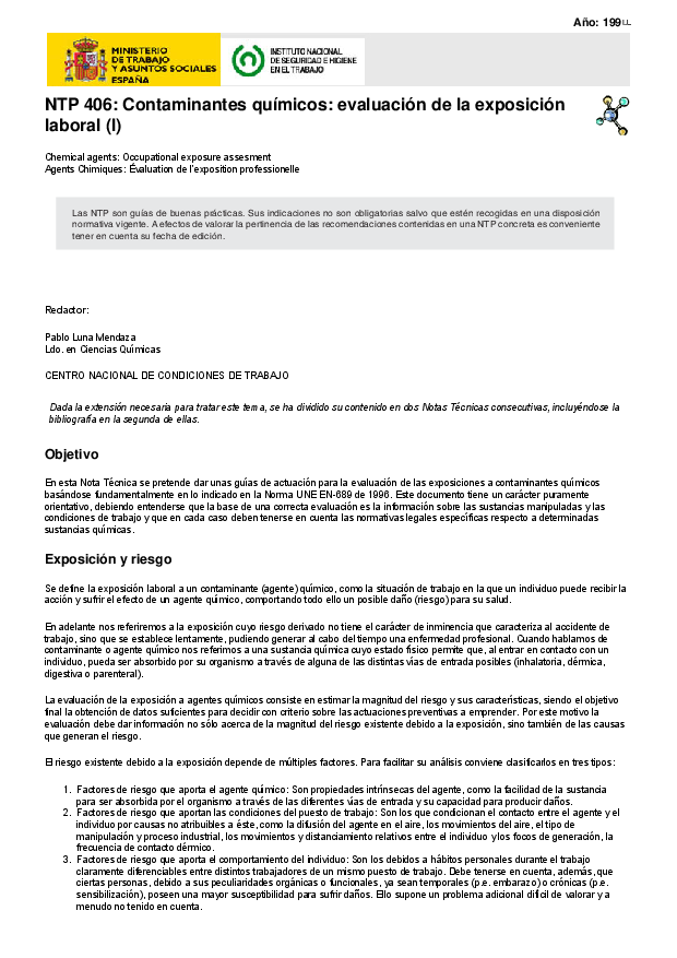 Primera página del documento NTP 406: Contaminantes químicos: evaluación de la exposición laboral (I)