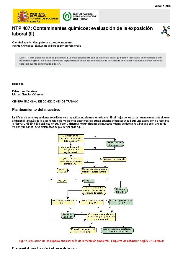Primera página del documento NTP 407: Contaminantes químicos: evaluación de la exposición laboral (II)
