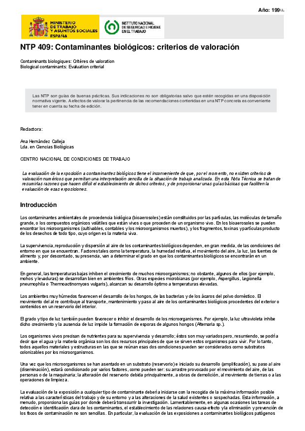 Primera página del documento NTP 409: Contaminantes biológicos: criterios de valoración - Año 1997
