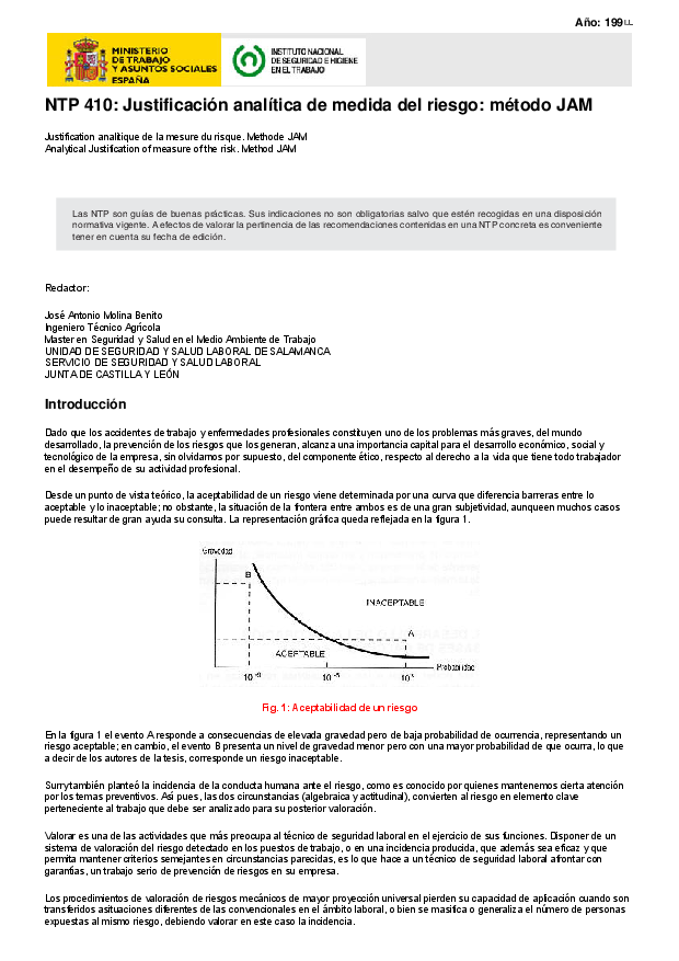 Primera página del documento NTP 410: Justificación analítica de medida del riesgo: método JAM