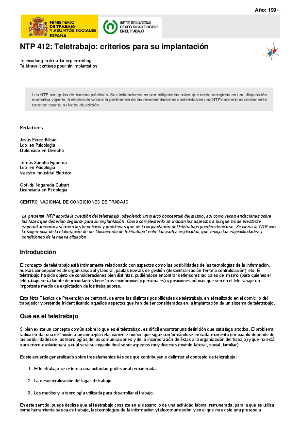Primera página del documento NTP 412: Teletrabajo: criterios para su implantación