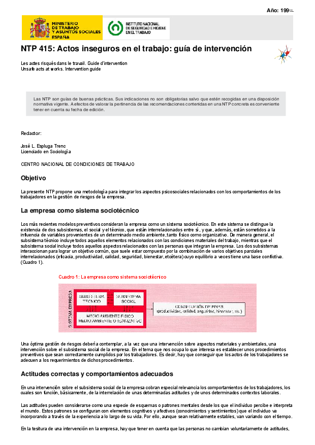 Primera página del documento NTP 415: Actos inseguros en el trabajo: guía de intervención