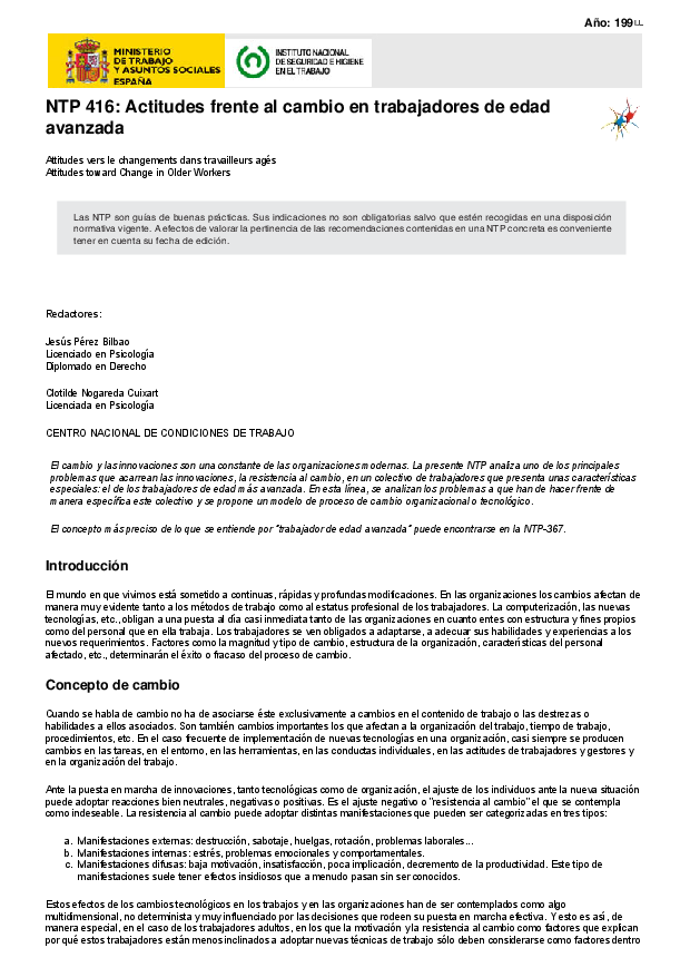 Primera página del documento NTP 416: Actitudes frente al cambio en trabajadores de edad avanzada