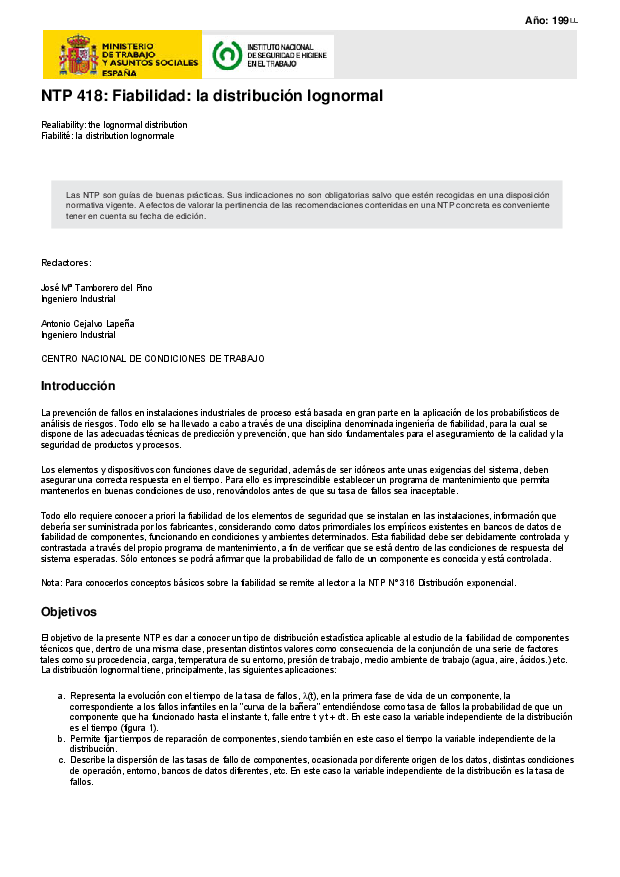 Primera página del documento NTP 418: Fiabilidad: la distribución lognormal