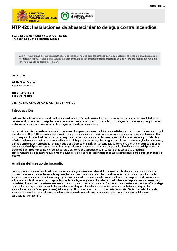 Primera página del documento NTP 420: Instalaciones de abastecimiento de agua contra incendios