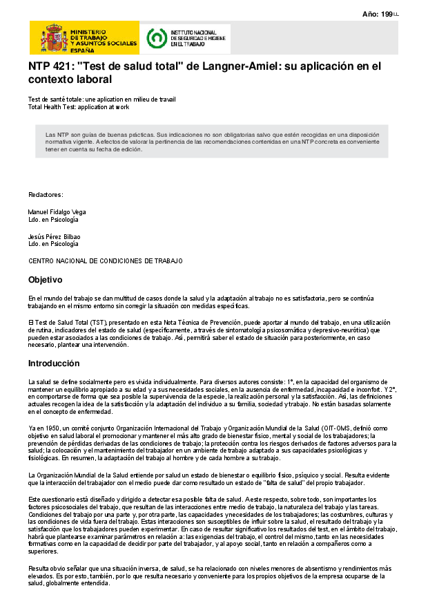 Primera página del documento NTP 421: "Test de salud total" de Langner-Amiel: su aplicación en el contexto laboral