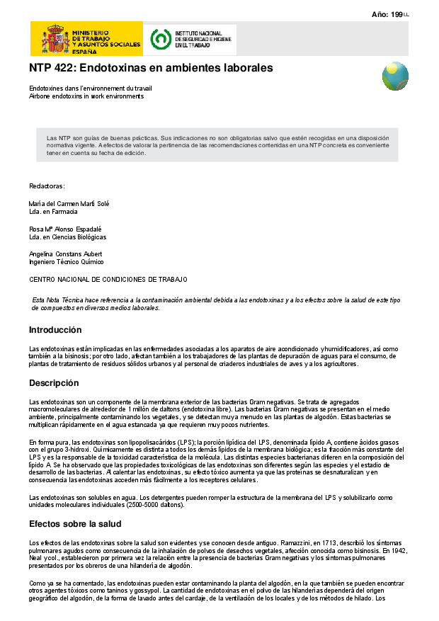 Primera página del documento NTP 422: Endotoxinas en ambientes laborales