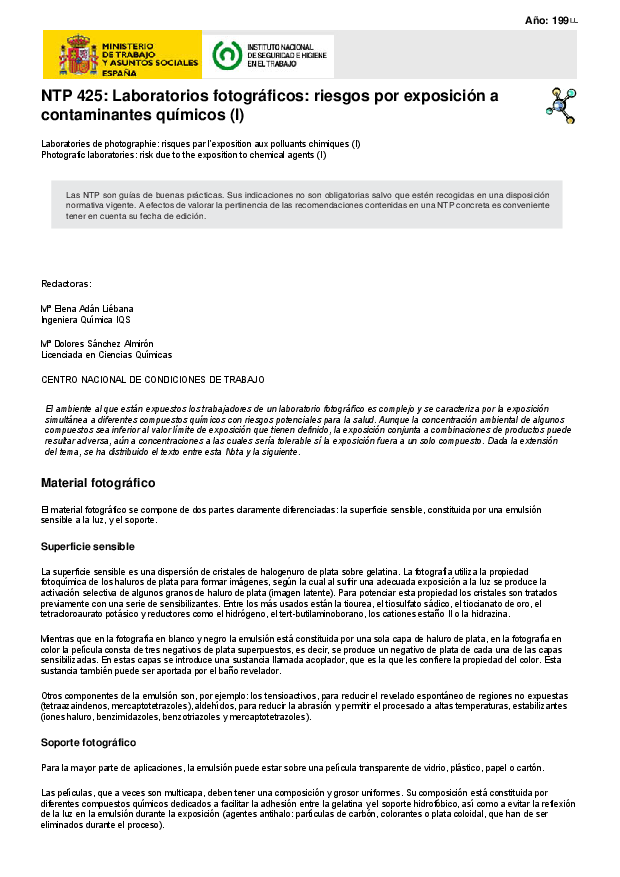 Primera página del documento NTP 425: Laboratorios fotográficos: riesgos por exposición a contaminantes químicos (I)