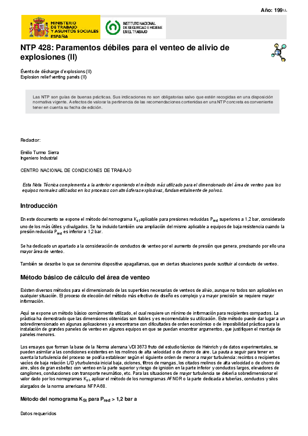 Primera página del documento NTP 428: Paramentos débiles para el venteo de alivio de explosiones (II)