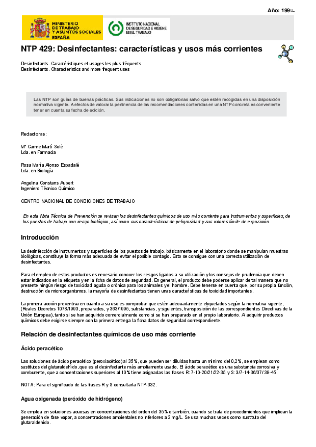 Primera página del documento NTP 429: Desinfectantes: características y usos más corrientes