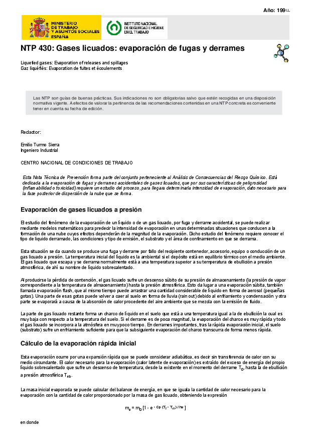 Primera página del documento NTP 430: Gases licuados: evaporación de fugas y derrames