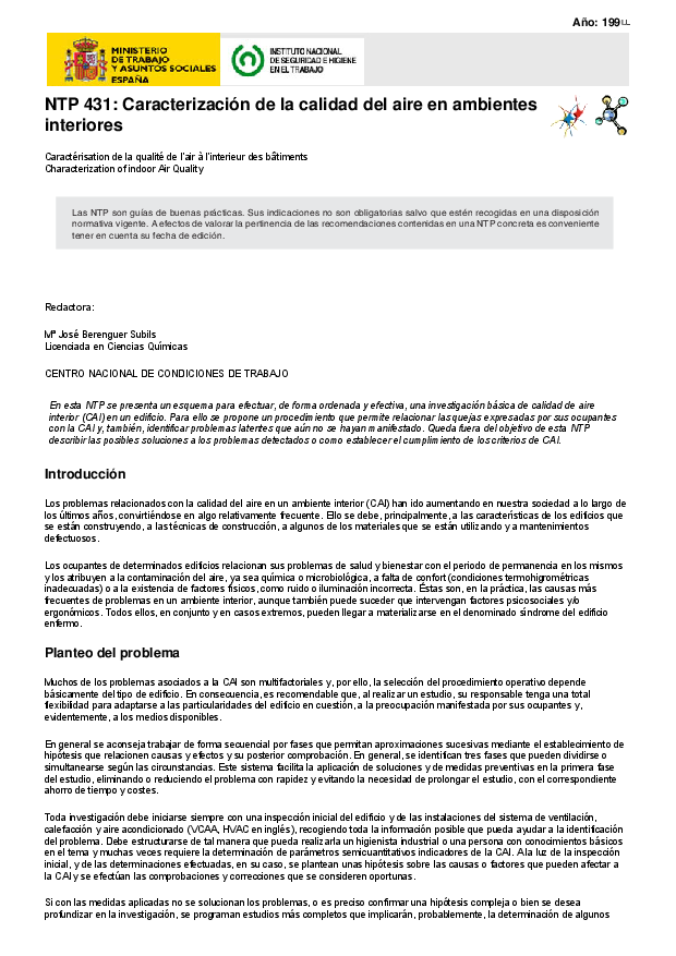 Primera página del documento NTP 431: Caracterización de la calidad del aire en ambientes interiores