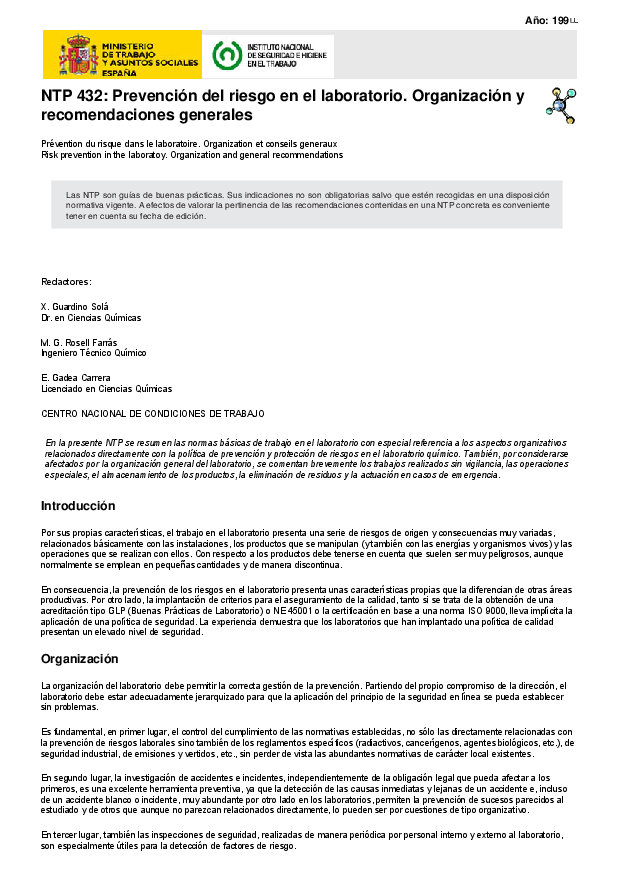 Primera página del documento NTP 432: Prevención del riesgo en el laboratorio. Organización y recomendaciones generales