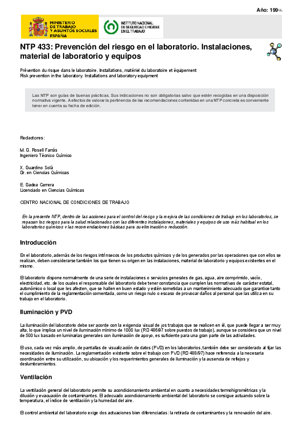 Primera página del documento NTP 433: Prevención del riesgo en el laboratorio. Instalaciones, material de laboratorio y equipos