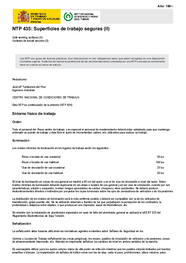 Primera página del documento NTP 435: Superficies de trabajo seguras (II)