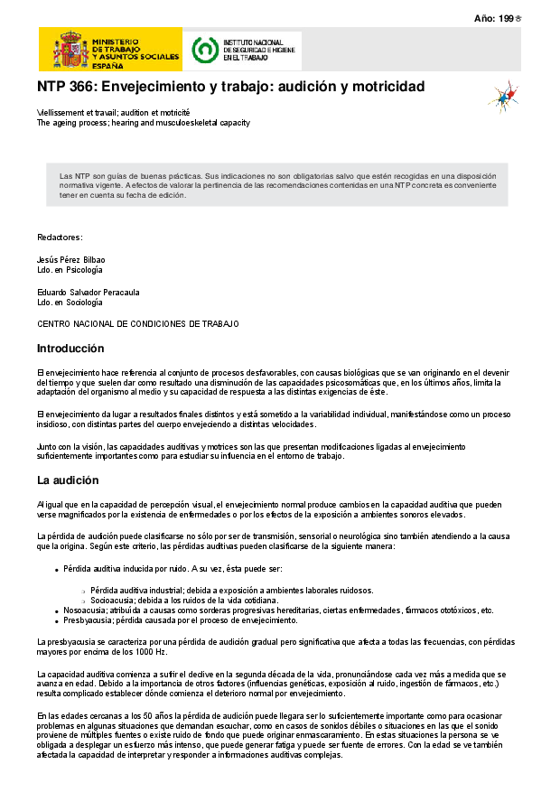 Primera página del documento NTP 366: Envejecimiento y trabajo: audición y motricidad