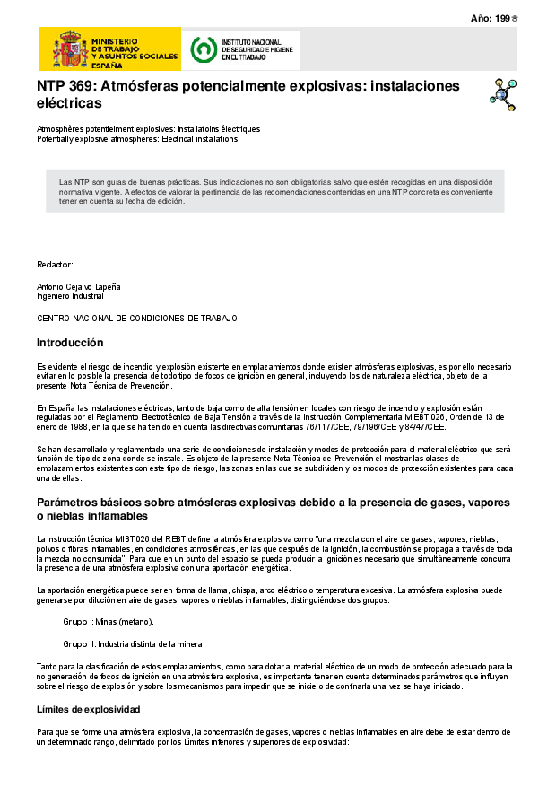 Primera página del documento NTP 369: Atmósferas potencialmente explosivas: instalaciones eléctricas