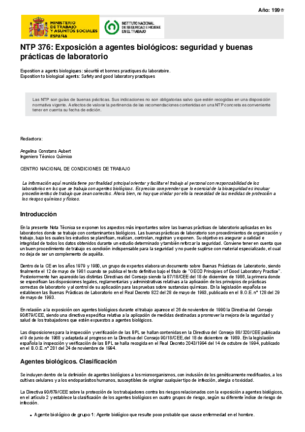 Primera página del documento NTP 376: Exposición a agentes biológicos: seguridad y buenas prácticas de laboratorio