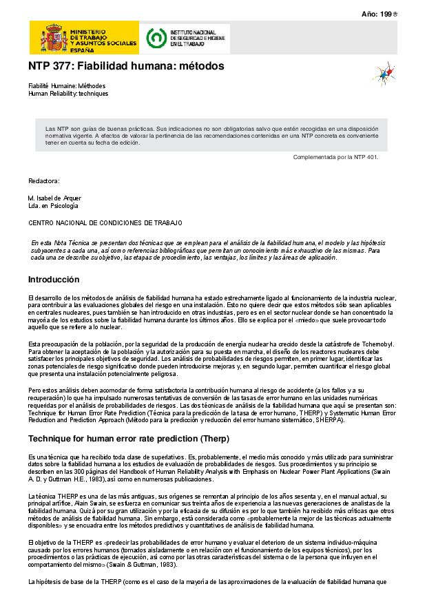 Primera página del documento NTP 377: Fiabilidad humana: métodos