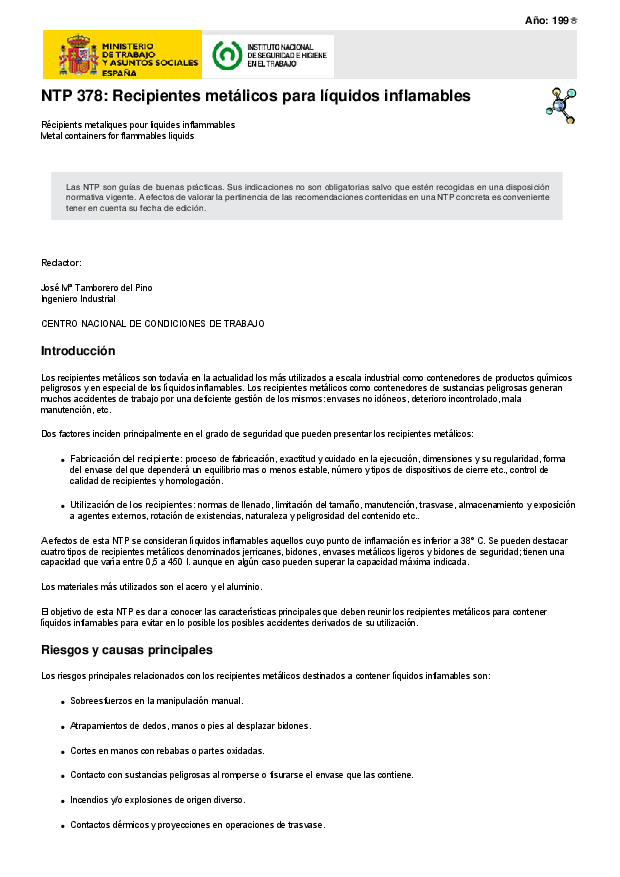 Primera página del documento NTP 378: Recipientes metálicos para líquidos inflamables