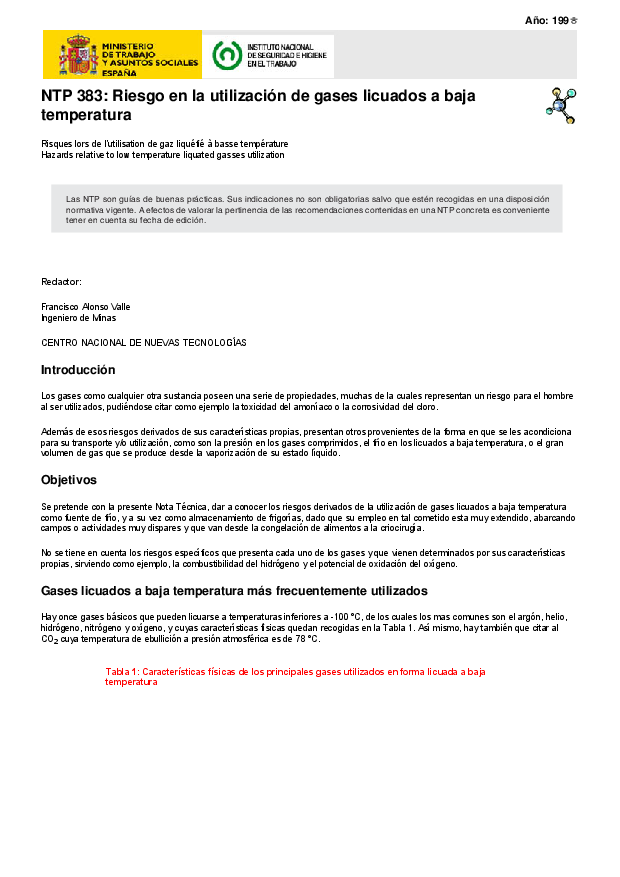 Primera página del documento NTP 383: Riesgo en la utilización de gases licuados a baja temperatura