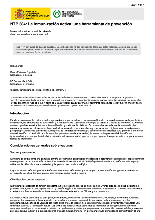 Primera página del documento NTP 384: La inmunización activa: una herramienta de prevención