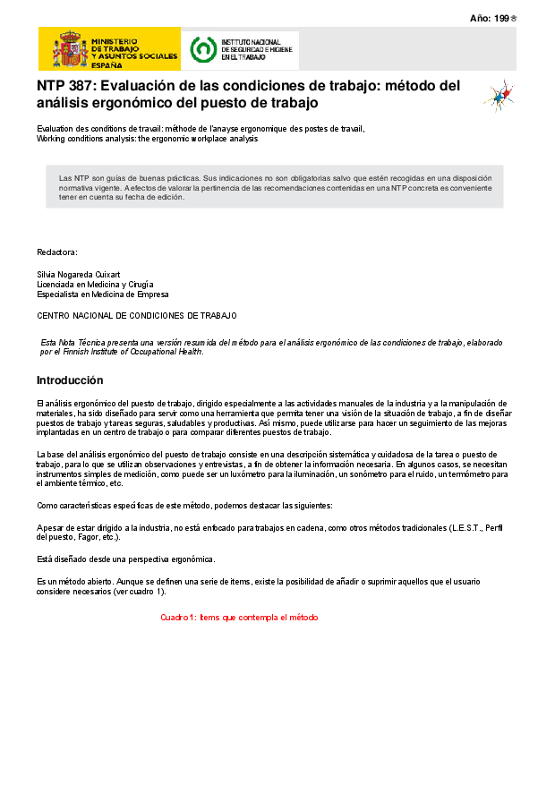 Primera página del documento NTP 387: Evaluación de las condiciones de trabajo: método del análisis ergonómico del puesto de trabajo