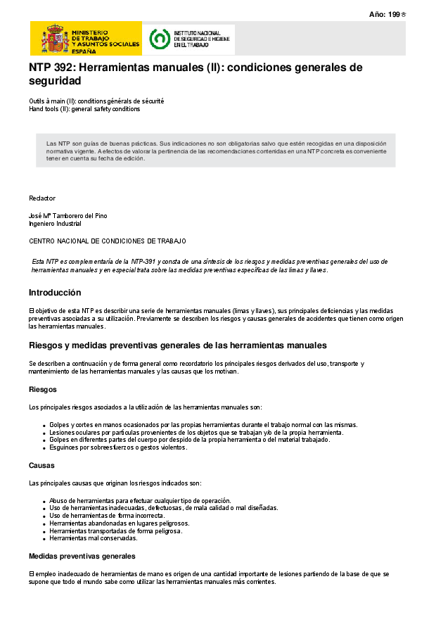 Primera página del documento NTP 392: Herramientas manuales (II): condiciones generales de seguridad