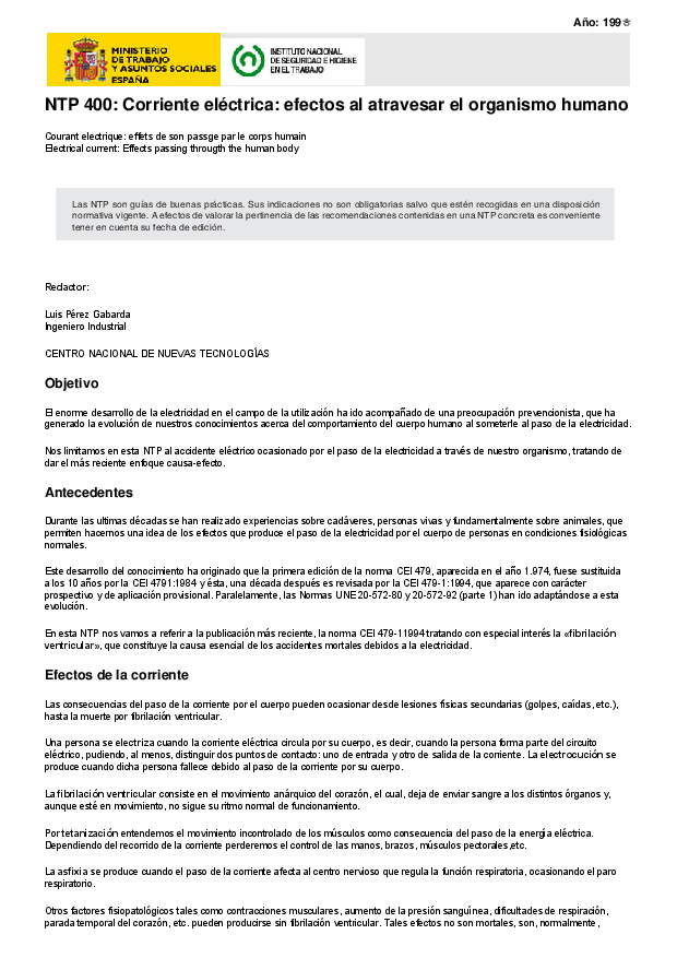 Primera página del documento NTP 400: Corriente eléctrica: efectos al atravesar el organismo humano